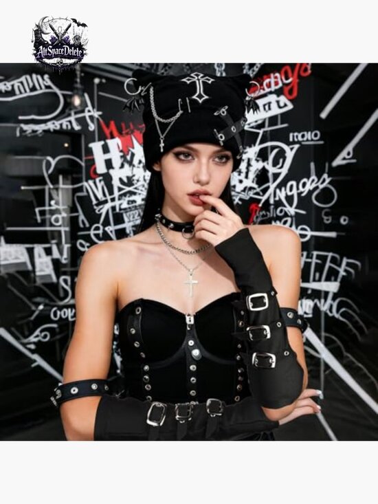 Goth Knit Beanie with Cat Ears, Fingerless Gloves, Necklaces Y2K Set main image 7